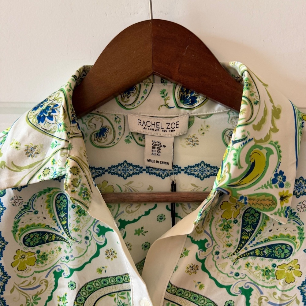 Rachel Zoe Green Paisley Button Down Shirt Scarf Print XS Boho Coastal Y2K‎ - Picture 4 of 10